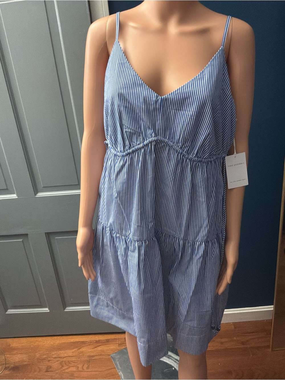 Blue and White Striped V-Neck Spaghetti Strap Summer Dress